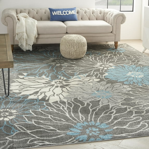 Nourison Passion Floral Charcoal/Blue 9' x 12' Area Rug, (9x12)