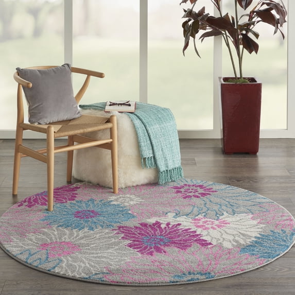 Nourison Passion Floral Grey 5'3" x round Area Rug, (5 Round)