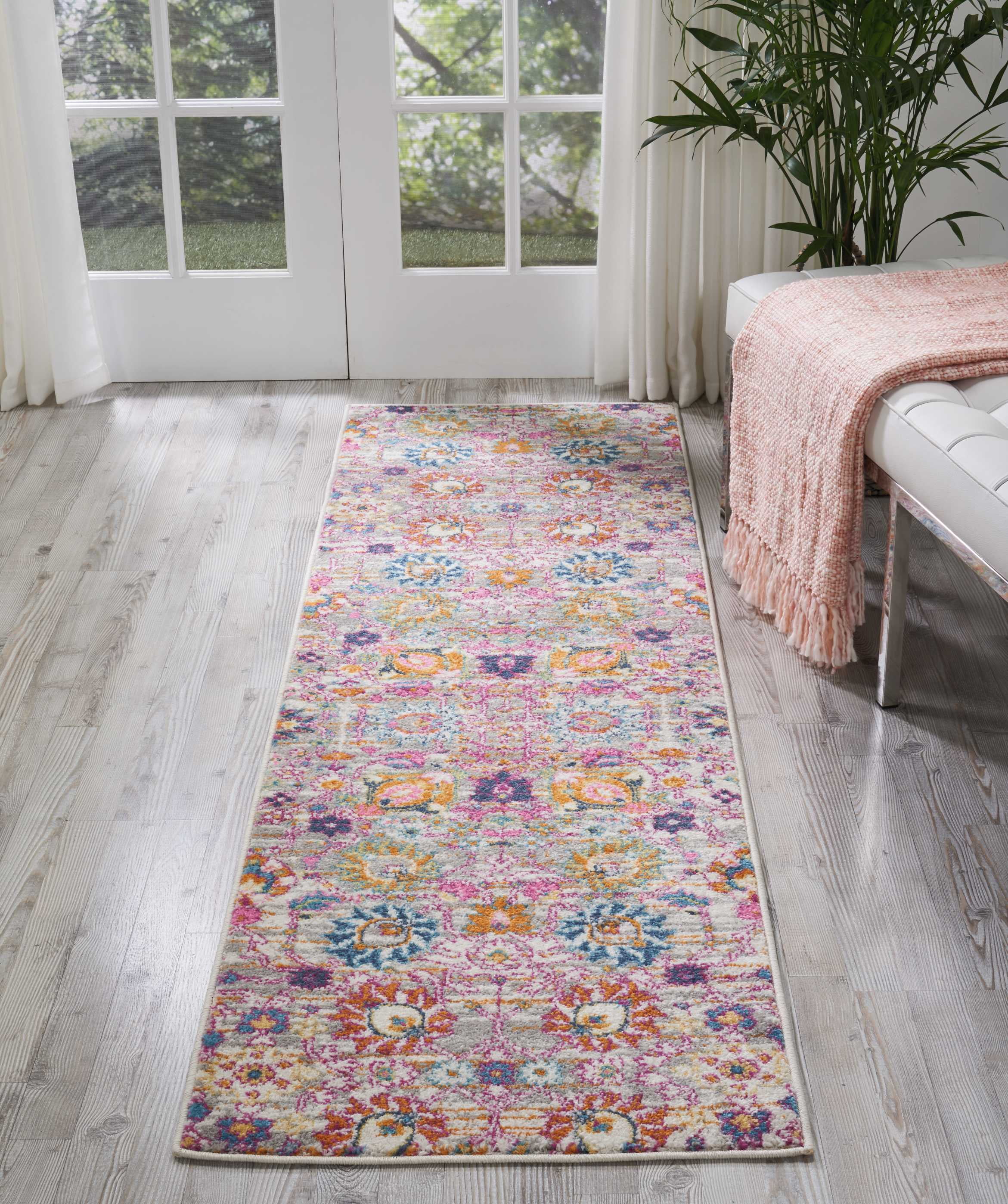 Silver Floral Synthetic Boho-Chic Runner Rug 2'2" x 7'6"