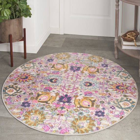 Nourison Passion Floral Silver 4' x Round Area Rug, (4 Round)