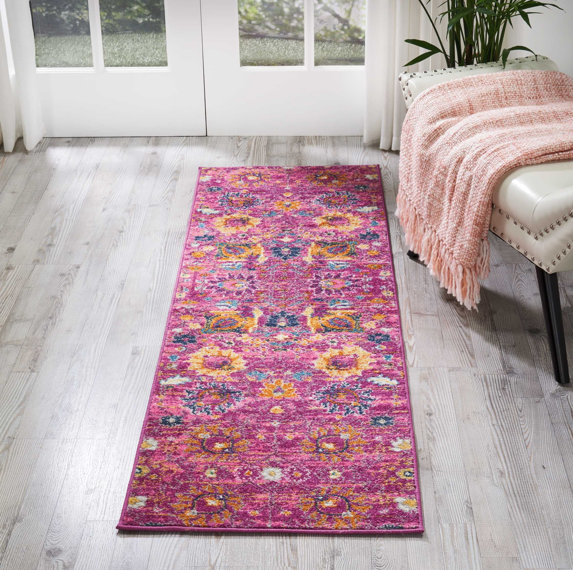 Fuchsia Floral Geometric Synthetic Runner Rug 1'10" x 6'