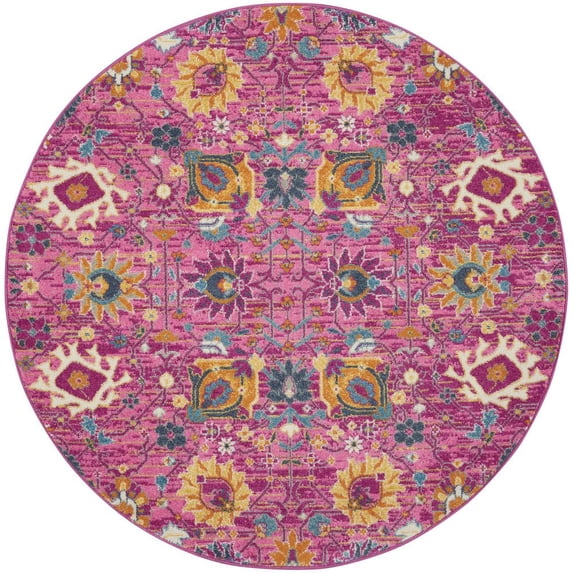 Nourison Passion Fuchsia 4' x Round Area Rug, Boho, Moroccan, Bed Room, Living Room, Dining Room, Kitchen, , Easy Cleaning, Non Shedding (4' Round)