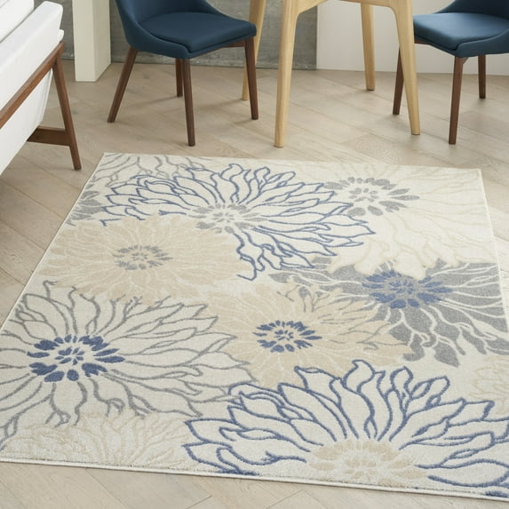 Nourison Passion Ivory Grey Blue 5'3" x 7'3" Area Rug, Boho, Floral, Bed Room, Living Room, Dining Room, Kitchen, , Easy Cleaning, Non Shedding (5' x 7')