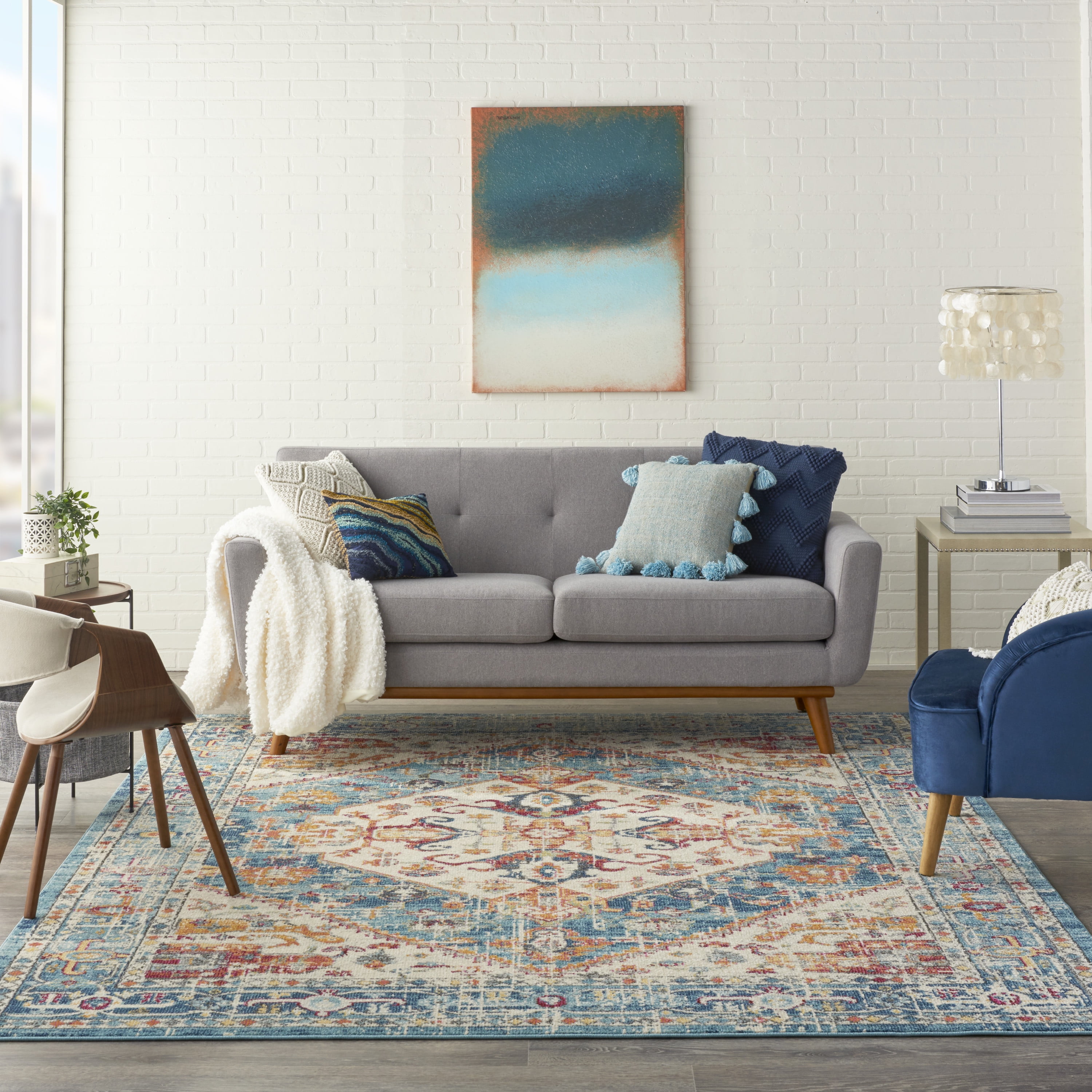 Nourison Passion Ivory/Light Blue 8' x 10' Area Rug, Vintage, Boho, Bed Room, Living Room, Dining Room, Kitchen, , Easy Cleaning, Non Shedding (8' x 10')