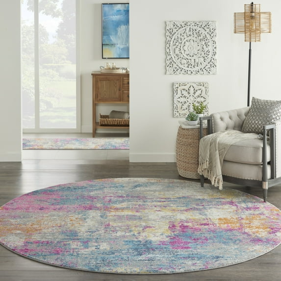 Nourison Passion Ivory/Multi 8' x Round Area Rug, Painterly, Boho, Bed Room, Living Room, Dining Room, Kitchen, , Easy Cleaning, Non Shedding (8' Round)