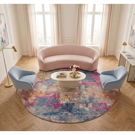 Nourison Passion Ivory/Multi 8' x Round Area Rug, Painterly, Boho, Bed Room, Living Room, Dining Room, Kitchen, , Easy Cleaning, Non Shedding (8' Round)