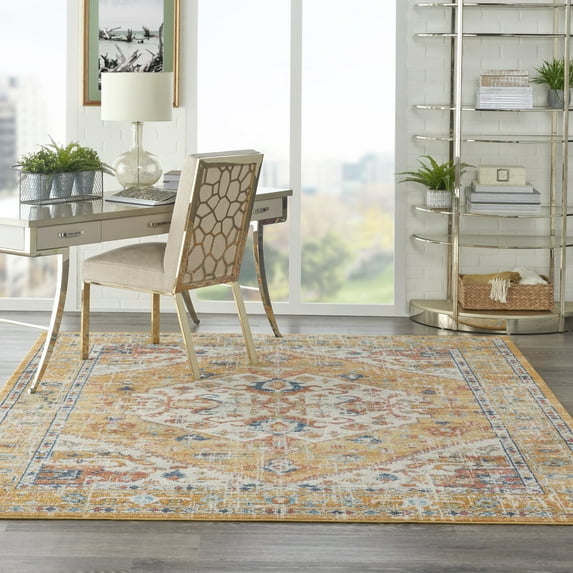 Nourison Passion Ivory/Yellow 6'7" x 9'6" Area Rug, Vintage, Boho, Bed Room, Living Room, Dining Room, Kitchen, , Easy Cleaning, Non Shedding (7' x 10')