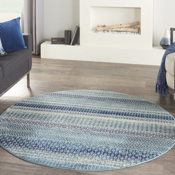 Nourison Passion Navy Blue 4' x Round Area Rug, Floral, Abstract, Bed Room, Living Room, Dining Room, Kitchen, , Easy Cleaning, Non Shedding (4' x Round)
