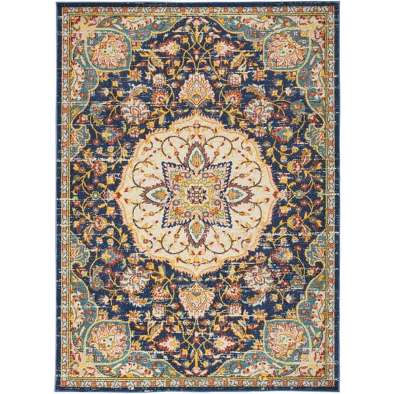 Nourison Passion Navy Multicolor 5'3" x 7'3" Area Rug, Traditional, Persian, Bed Room, Living Room, Dining Room, Kitchen, , Easy Cleaning, Non Shedding (5' x 7')