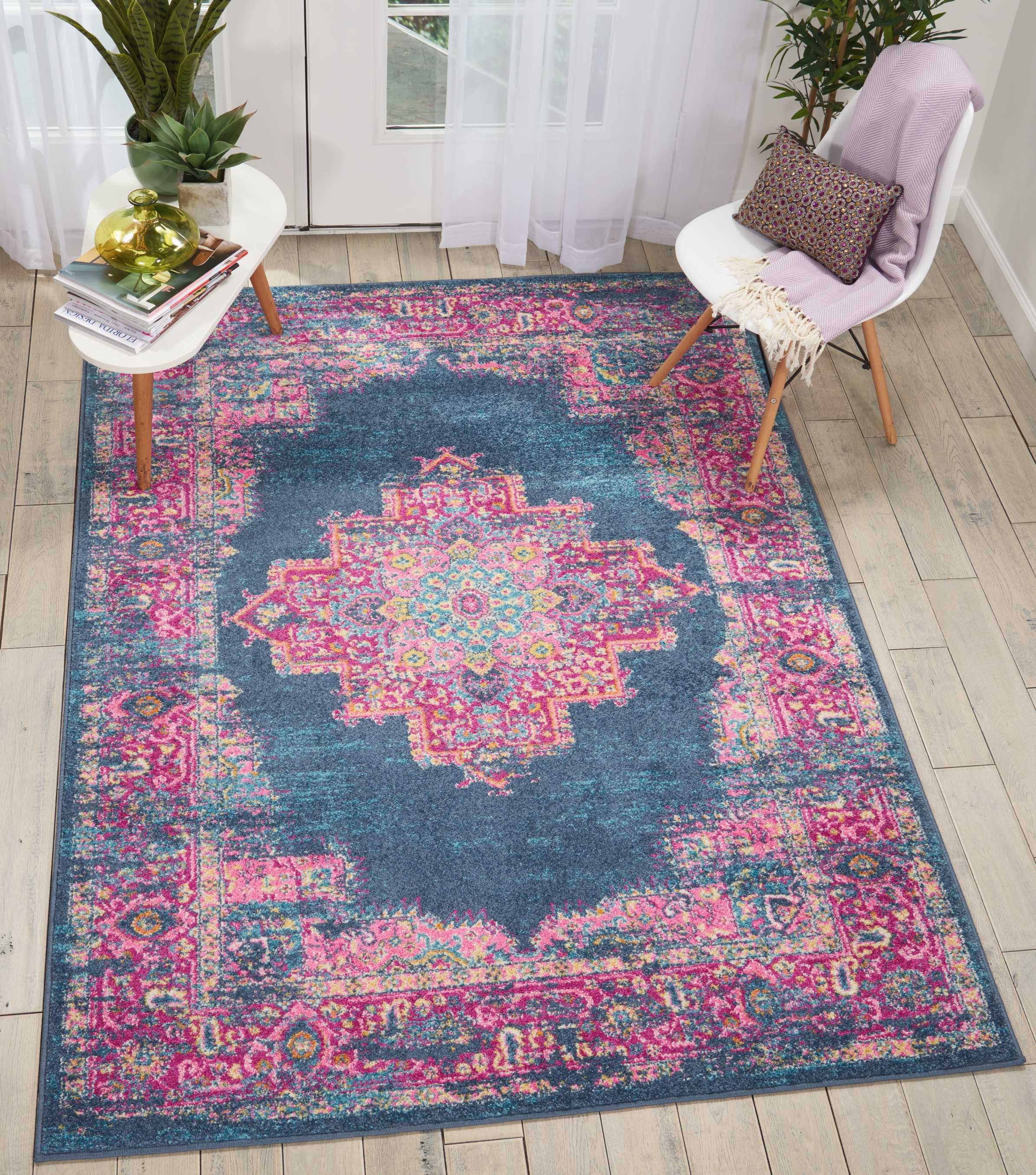 Traditional Floral Blue Synthetic 5' x 7' Easy-Care Area Rug
