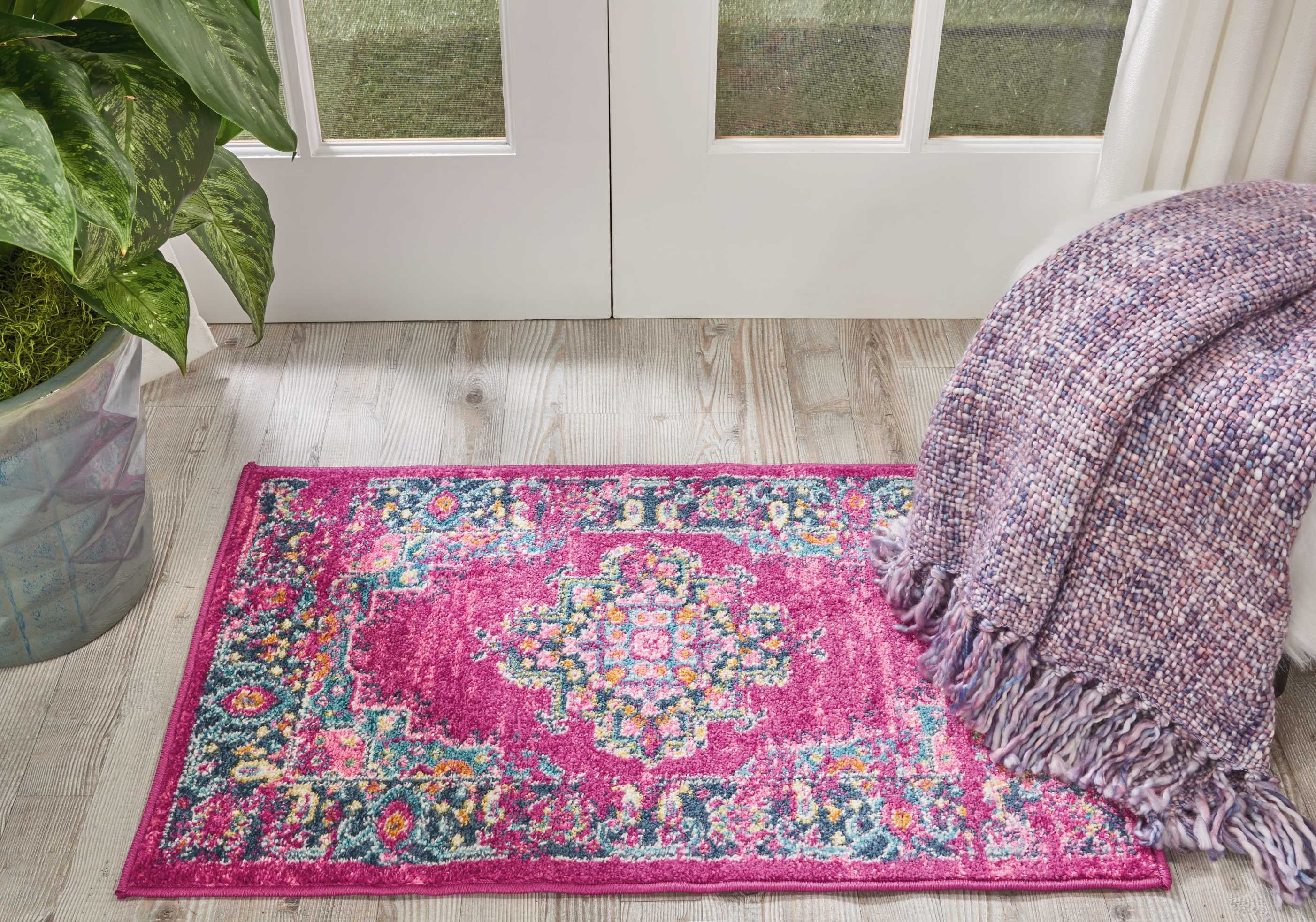 Small Fuchsia and Blue Floral Synthetic Traditional Rug