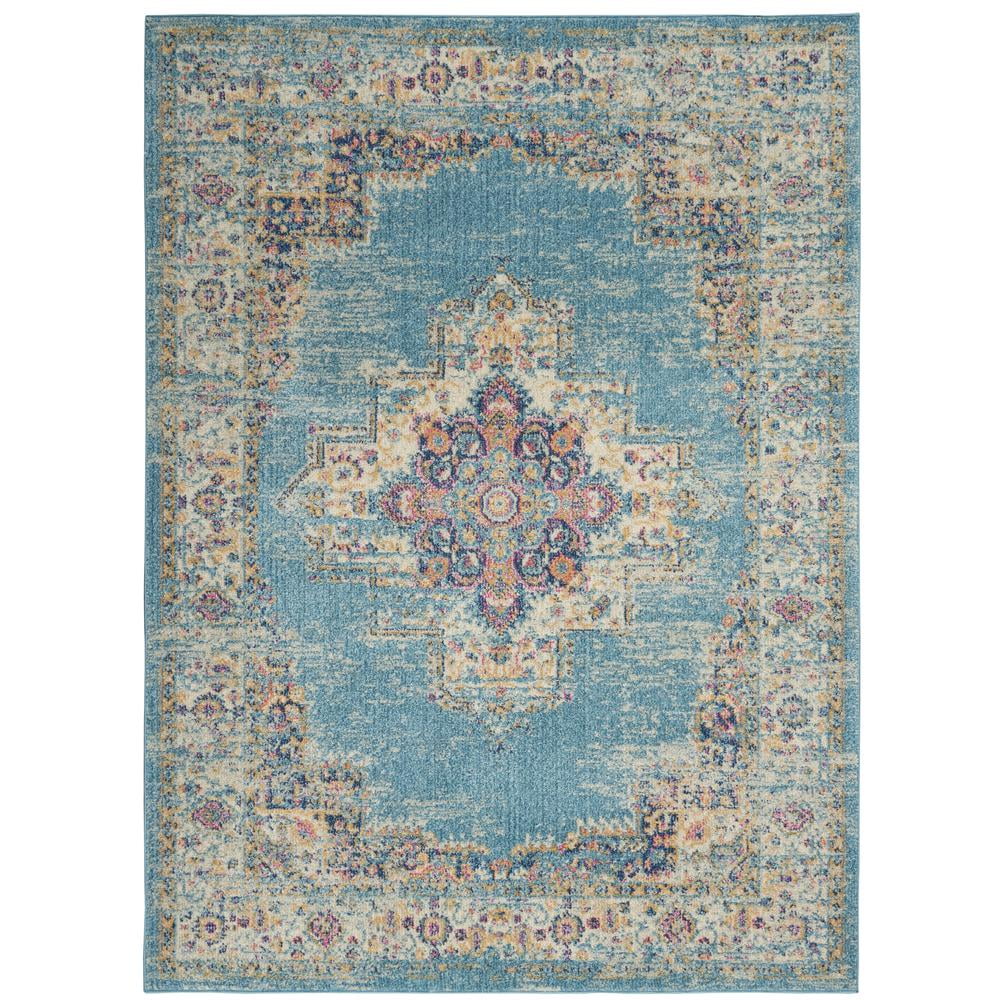 Light Blue Geometric Synthetic Medium Round Rug