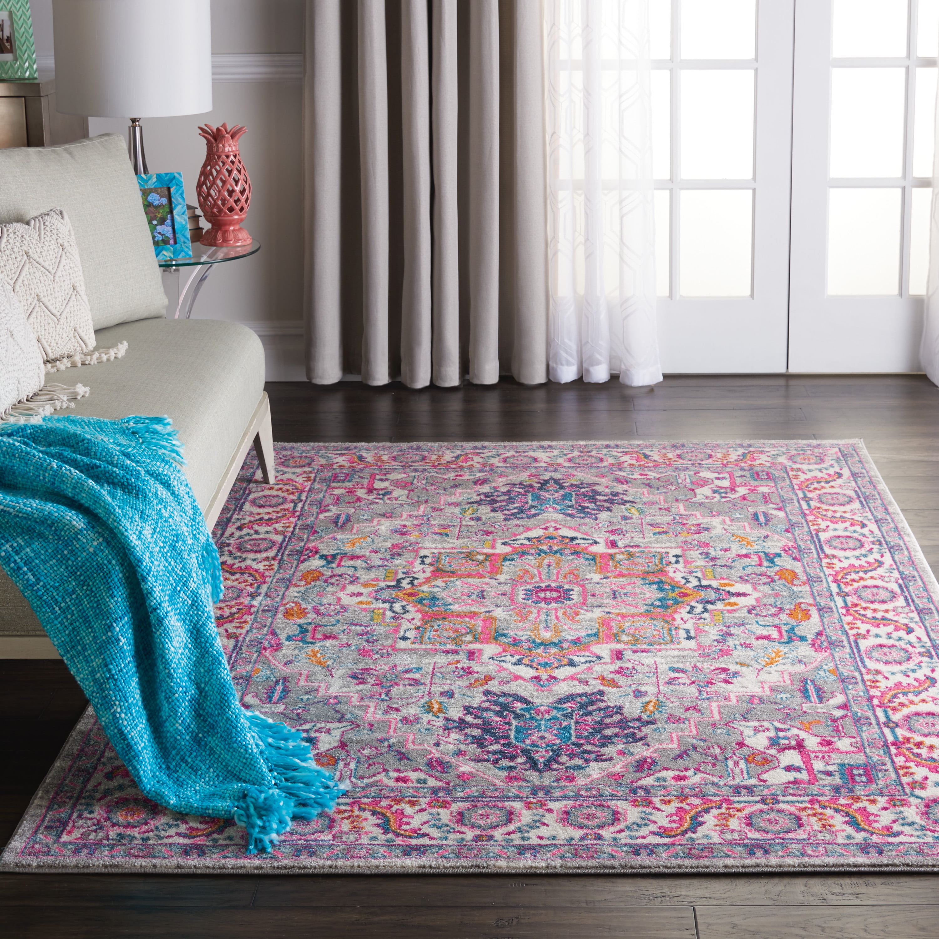Light Grey and Pink Floral Synthetic 5' x 7' Area Rug