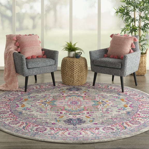 Nourison Passion Persian Light Grey/Pink 8' x round Area Rug, (8 Round)