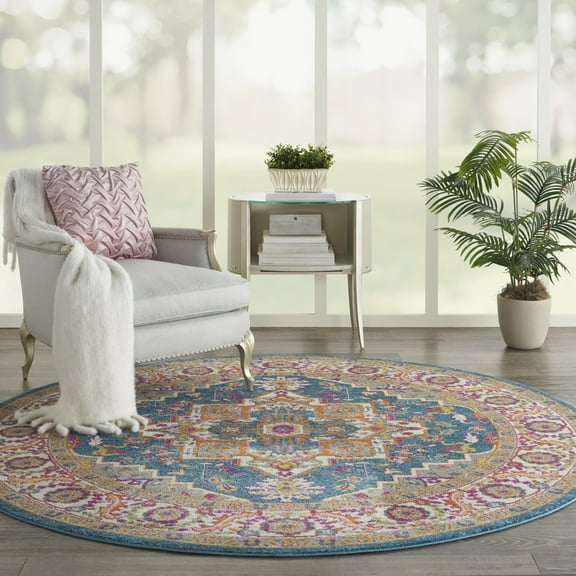 Nourison Passion Persian Teal Multicolor 8' x round Area Rug, (8 Round)