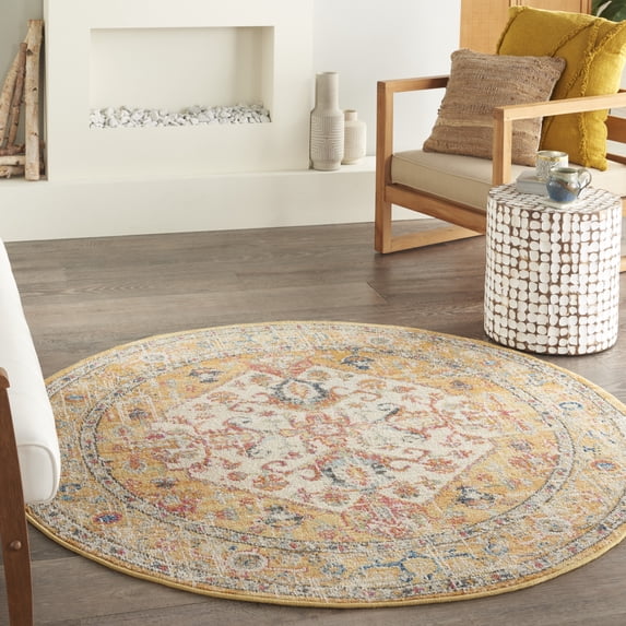 Nourison Passion Traditional Ivory/Yellow 5'3" x round Area Rug, (5 Round)