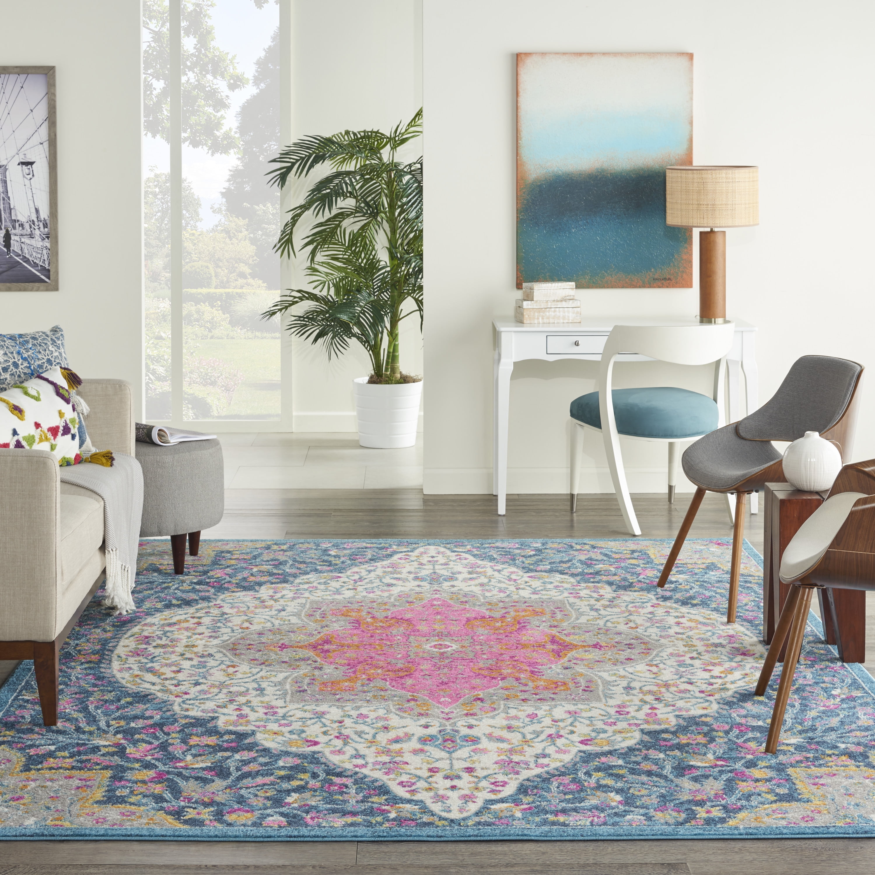 Blue and Pink Floral Synthetic 8' x 10' Reversible Rug