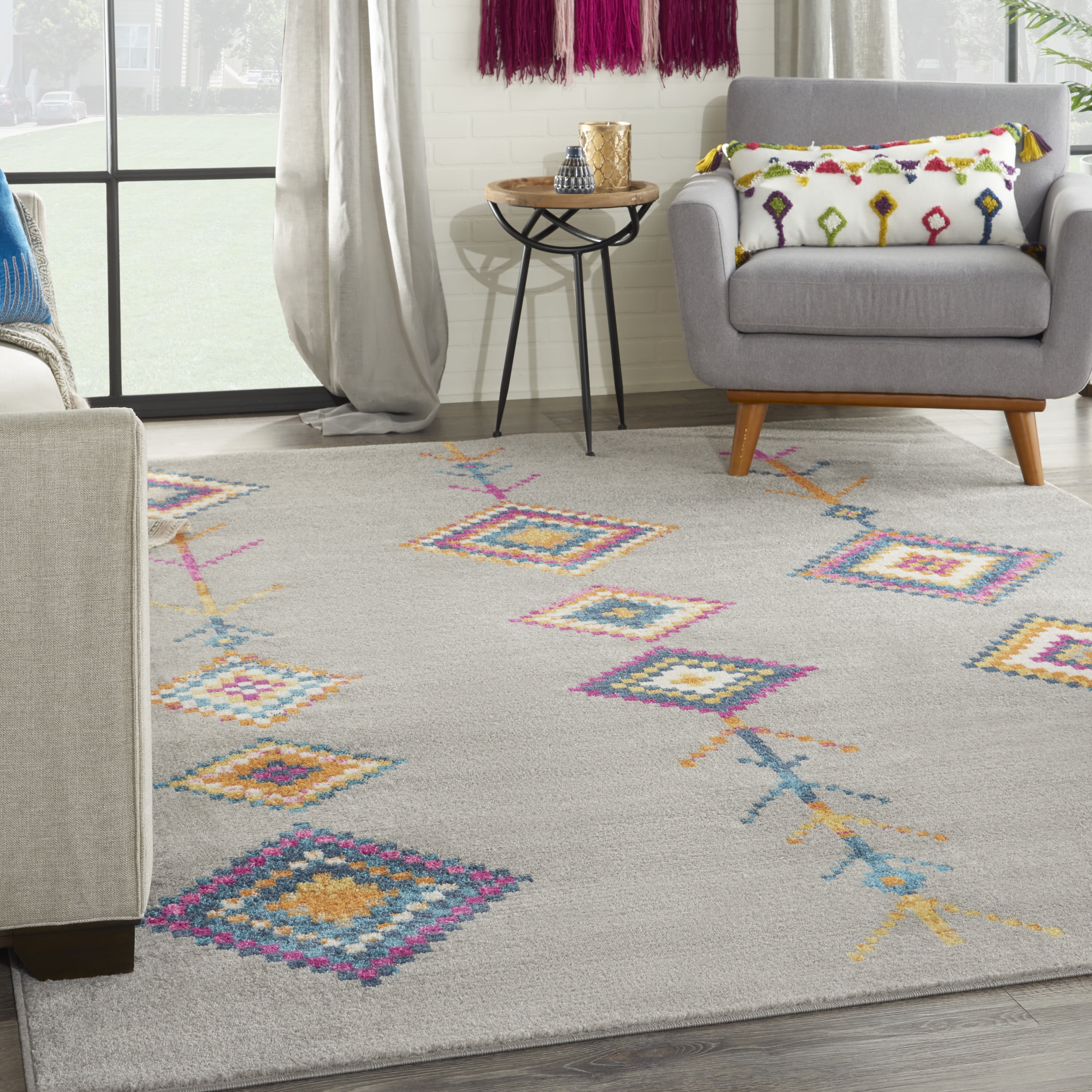 Grey and Multicolor Geometric Synthetic 6'7" x 9'6" Area Rug