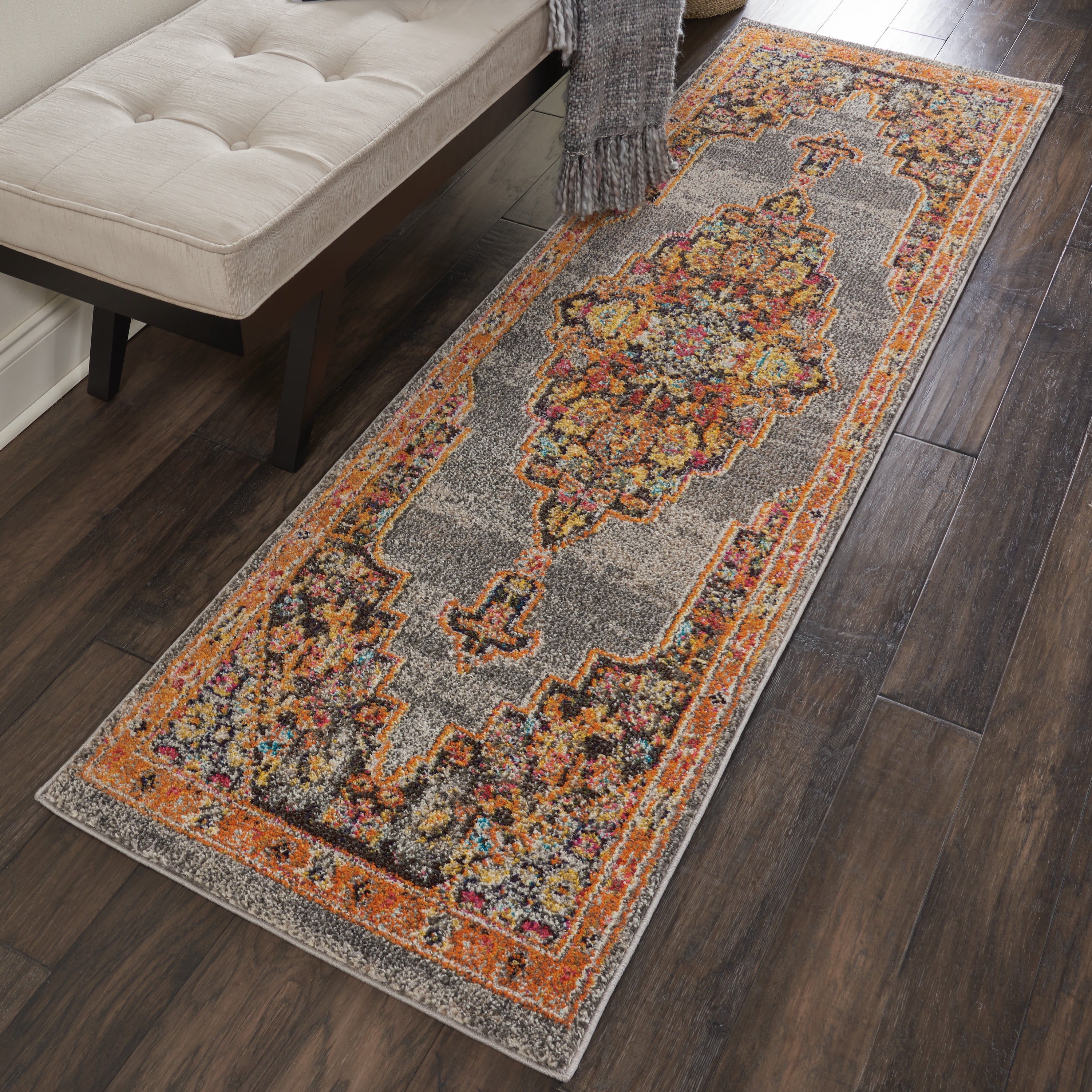Nourison Passionate Gray and Orange Medallion Runner Rug