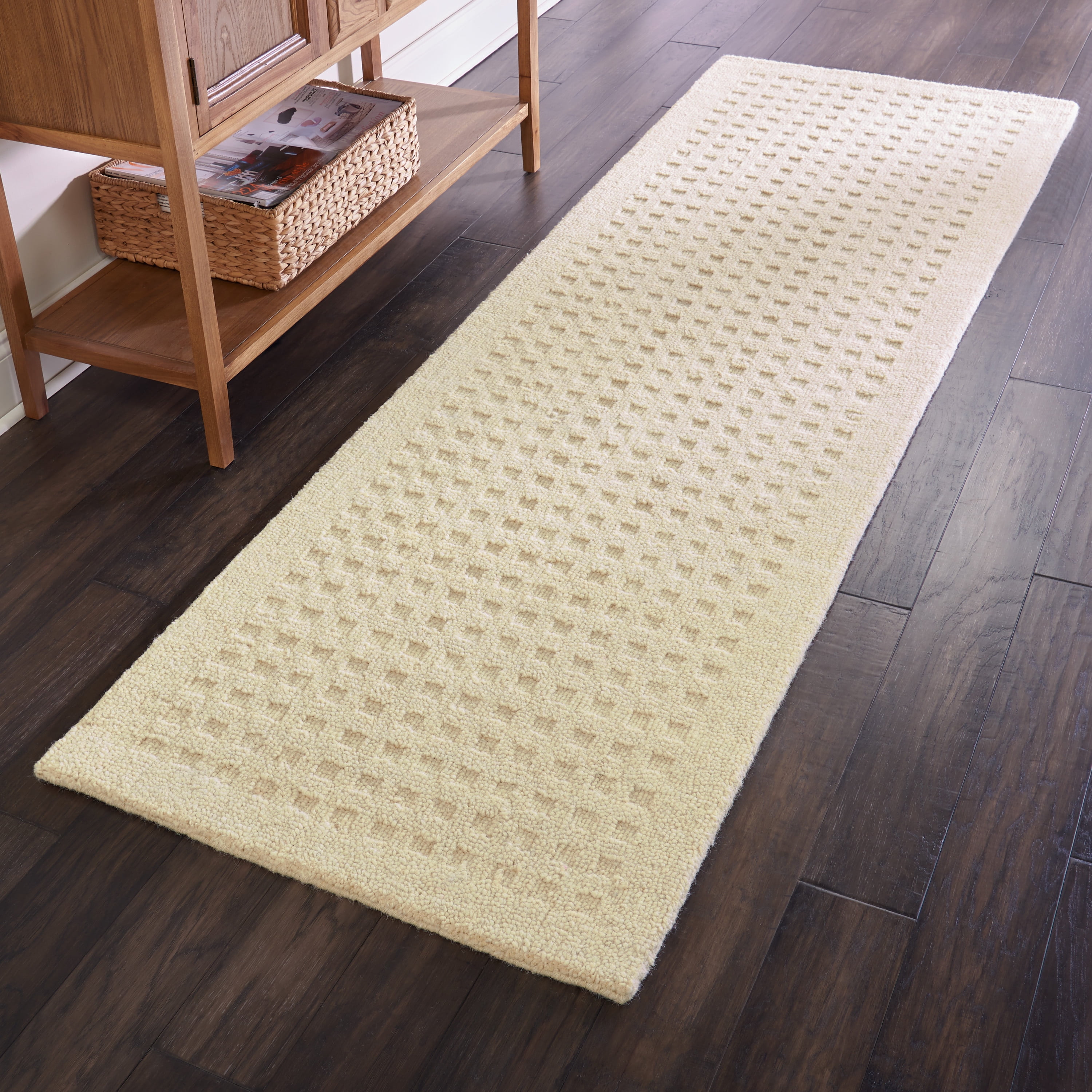 Handmade Ivory Wool Runner Rug with Shadowbox Design