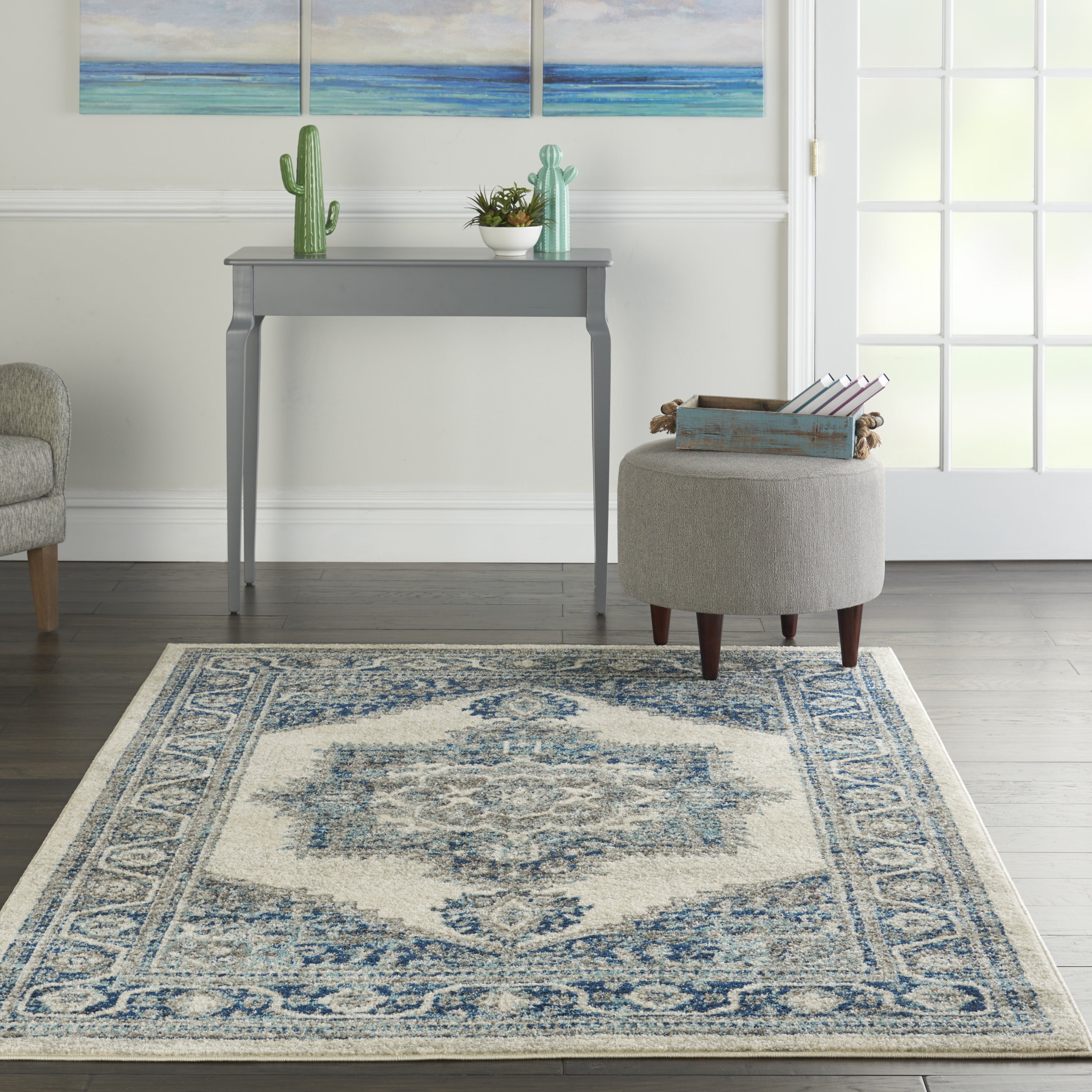 Ivory Blue Persian Vintage Bohemian Easy-Care Area Rug