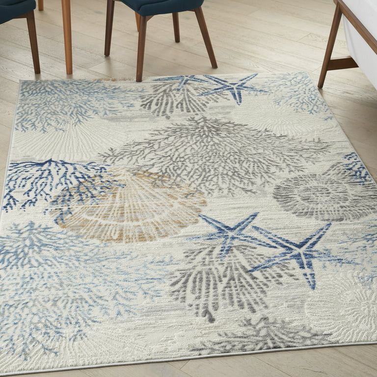 Ivory Blue Gray Coastal Area Rug Anchor Nautical 5'x8' Geometric Carpet  Indoor