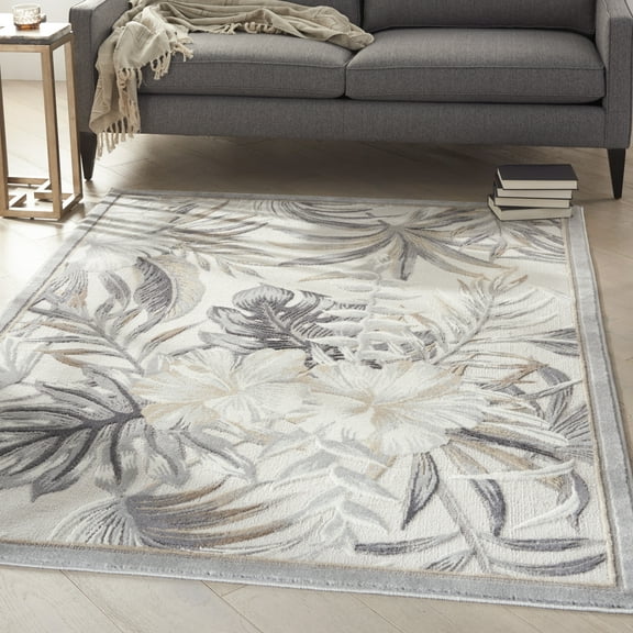 Nourison Pompeii Contemporary Tropical Ivory/Grey 5'3" x 7'3" Area Rug, (5' x 7')
