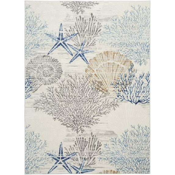 Nourison Pompeii Ivory Grey Blue 5'3" x 7'3" Area Rug, Coastal, Beach, Nautical, Bed Room, Living Room, Dining Room, Kitchen, Easy Cleaning, Non Shedding,