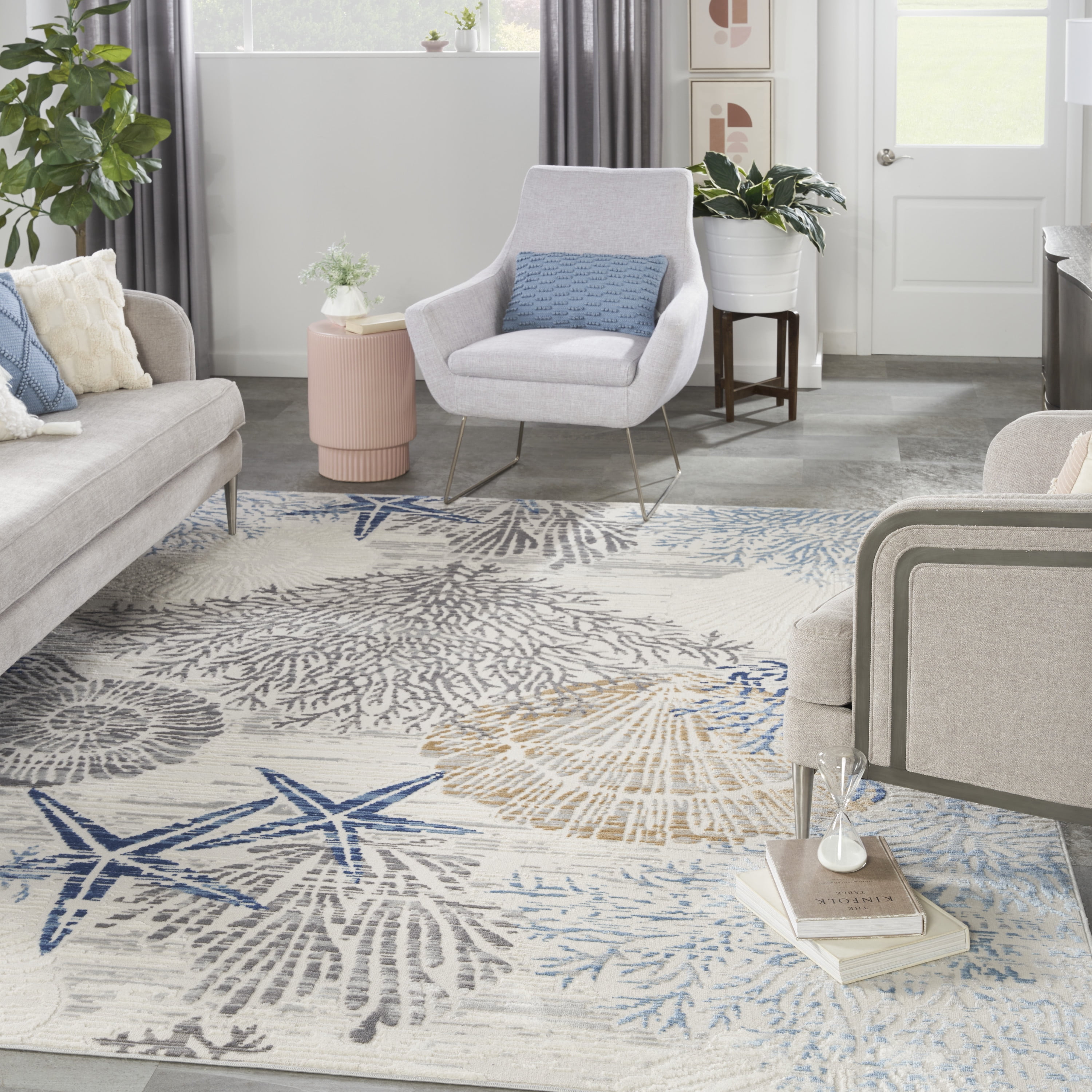 Ivory Grey Blue Coastal Synthetic Rectangle Area Rug 7'10" x 9'10"