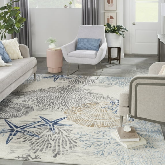 Nourison Pompeii Ivory Grey Blue 5' x 7' Area Rug, Coastal, Tropical, Easy Cleaning, Non Shedding, Bed Room, Living Room, Dining Room, Kitchen
