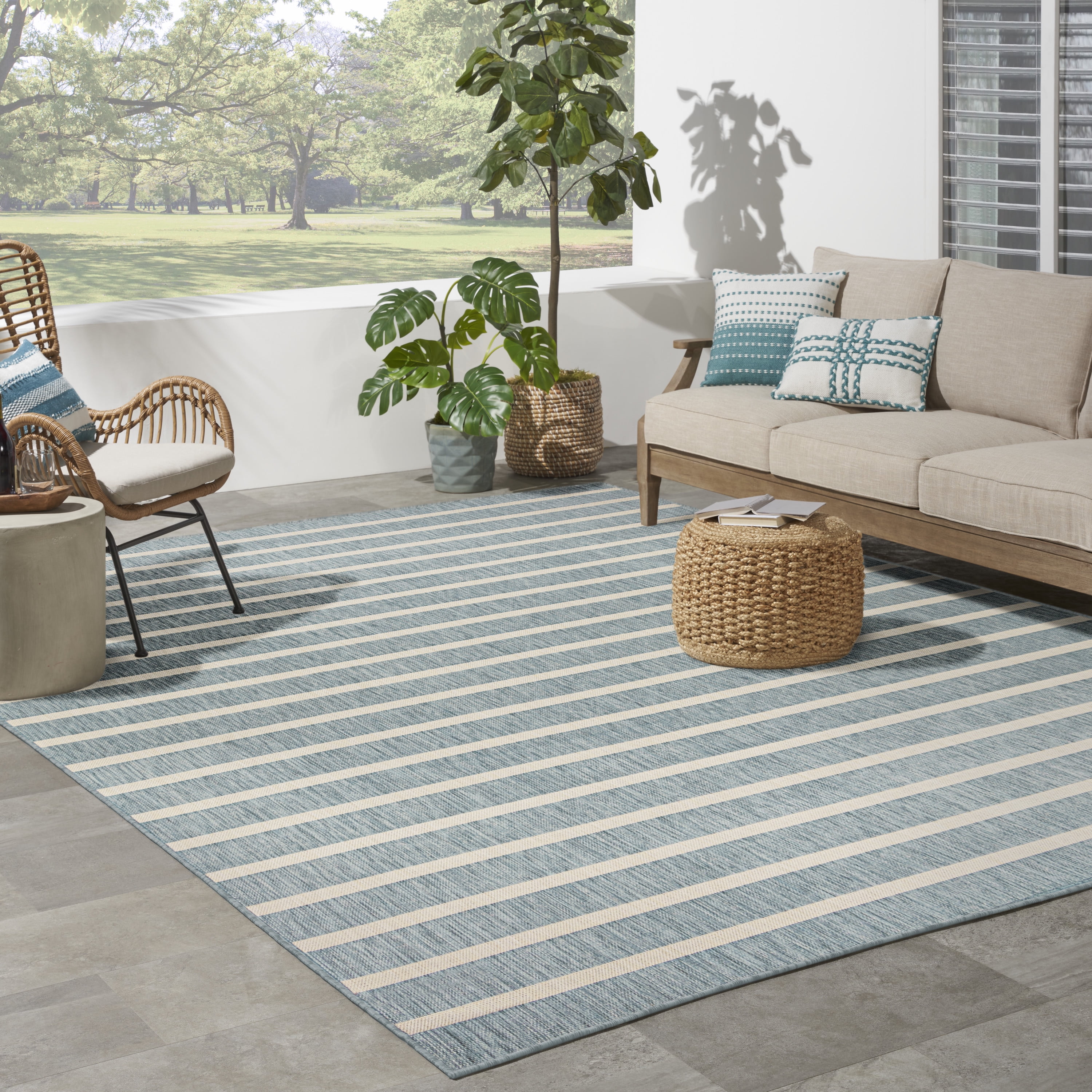 Aqua Ivory 8' x 10' Striped Synthetic Flatweave Rug