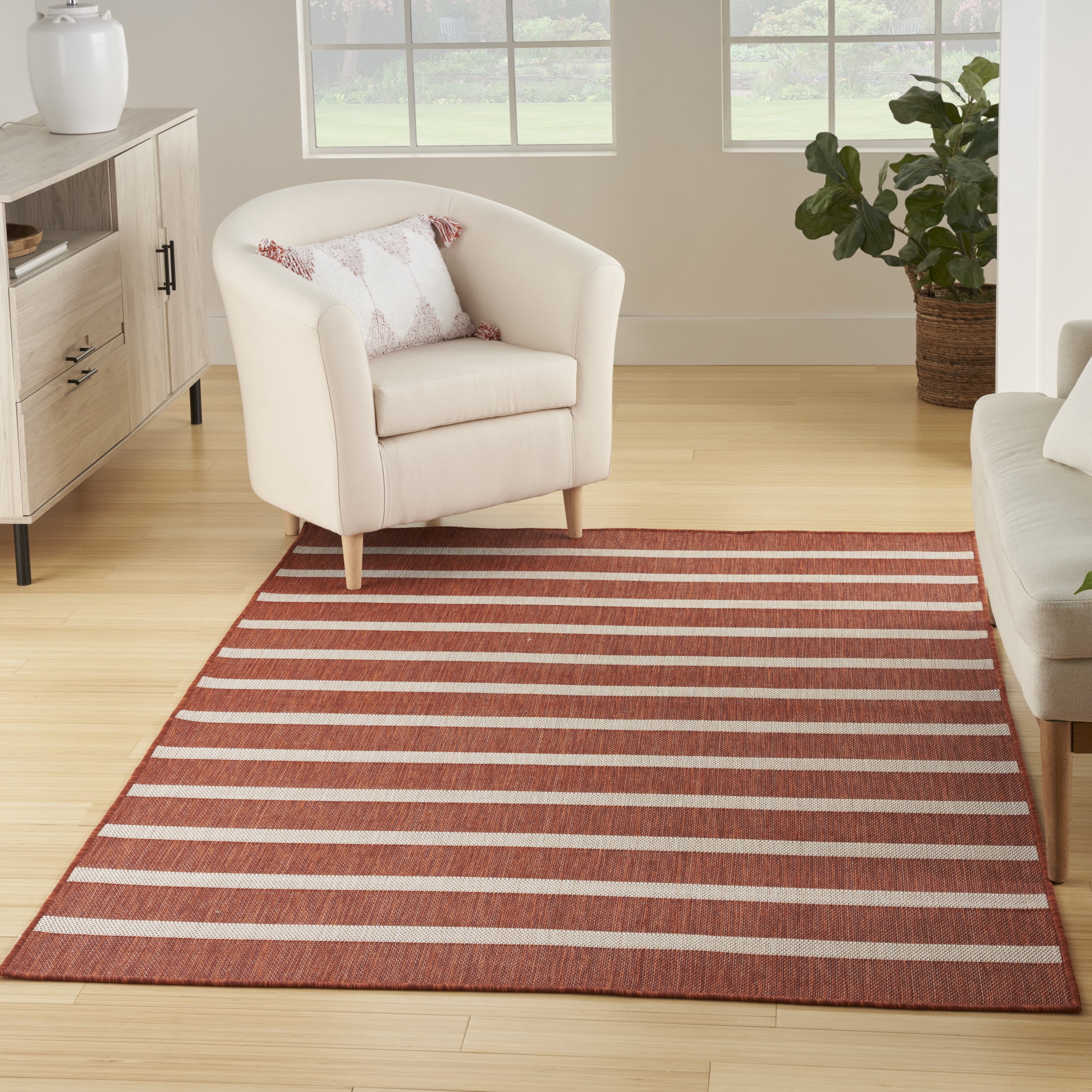 Terracotta Ivory Striped Flat Woven Outdoor Rug 6' x 9'