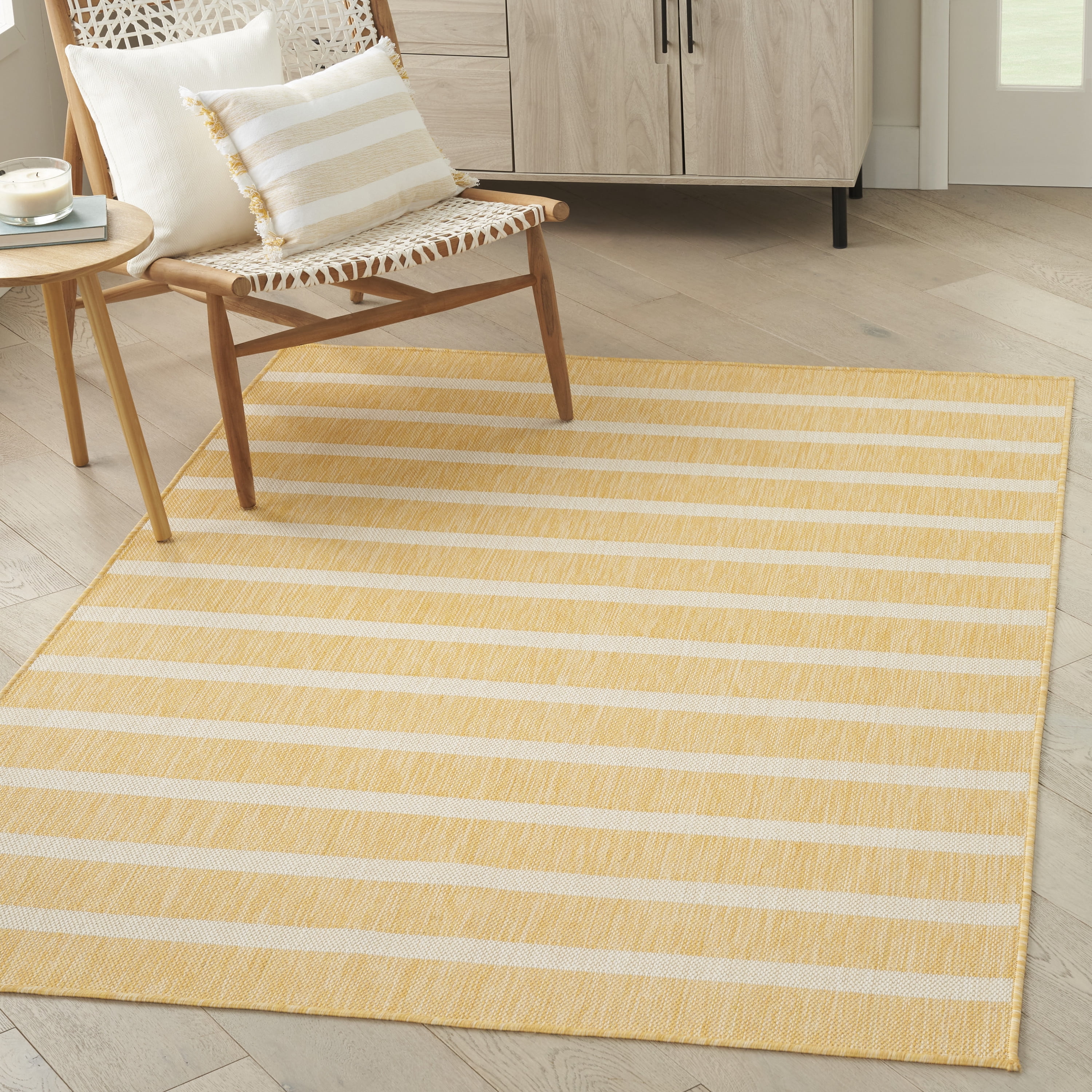 Yellow Ivory Striped Flatweave 5' x 7' Outdoor Rug