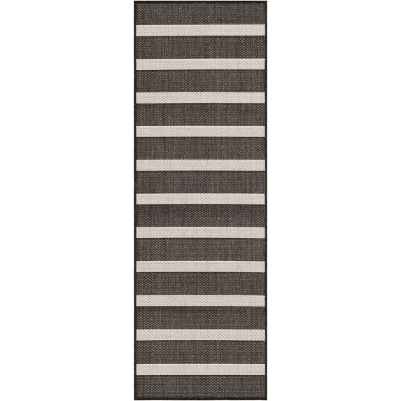 Nourison Positano Modern Stripes Flatweave Outdoor Rug Black Ivory 2' x 6'