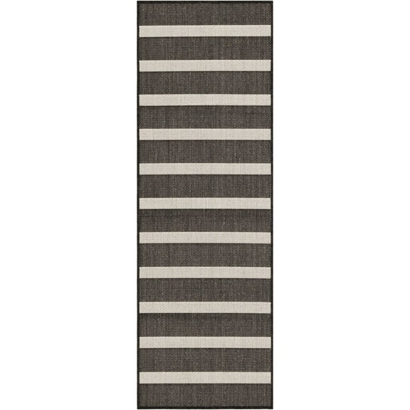 Nourison Positano Modern Stripes Flatweave Outdoor Rug Black Ivory 2' x 6'