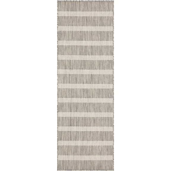 Nourison Positano Modern Stripes Flatweave Outdoor Rug Grey Ivory 2' x 6'
