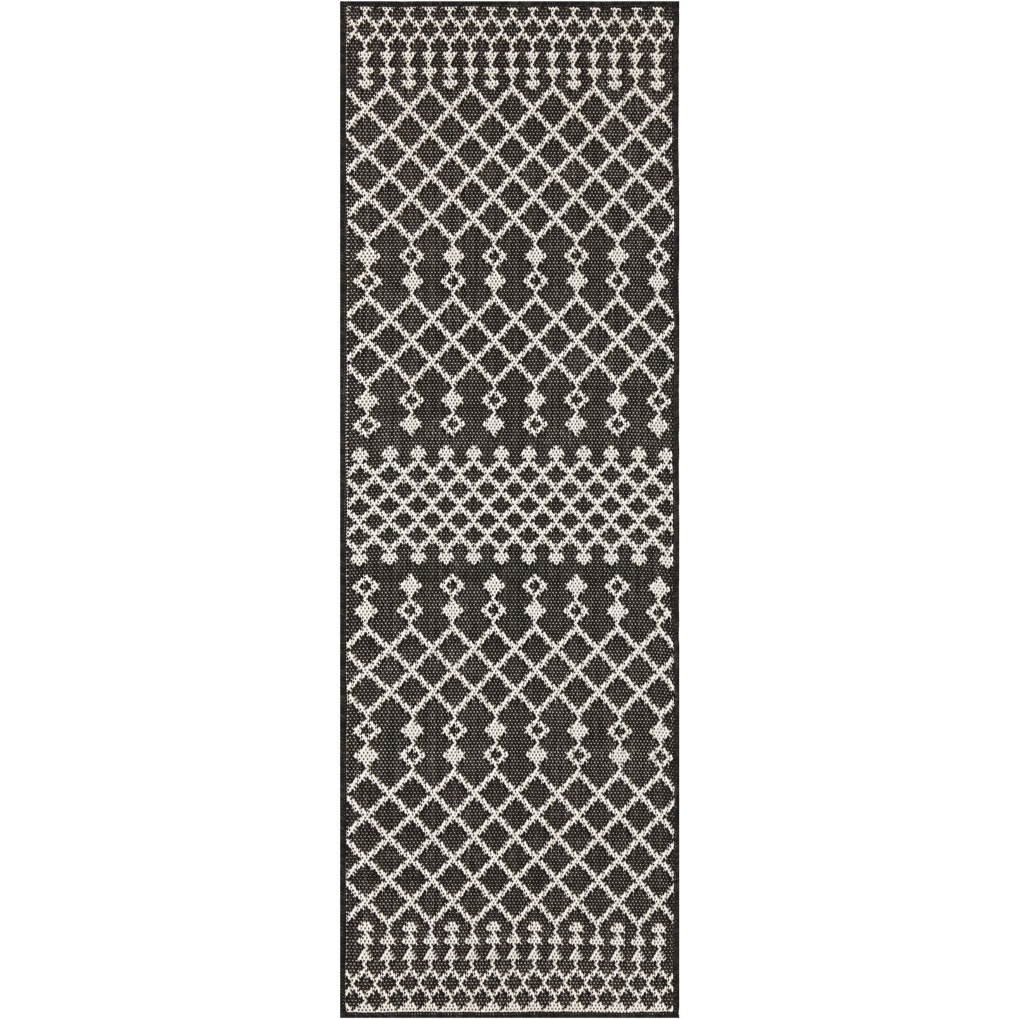 Black and White Moroccan Trellis Flatweave Outdoor Rug 2' x 6'