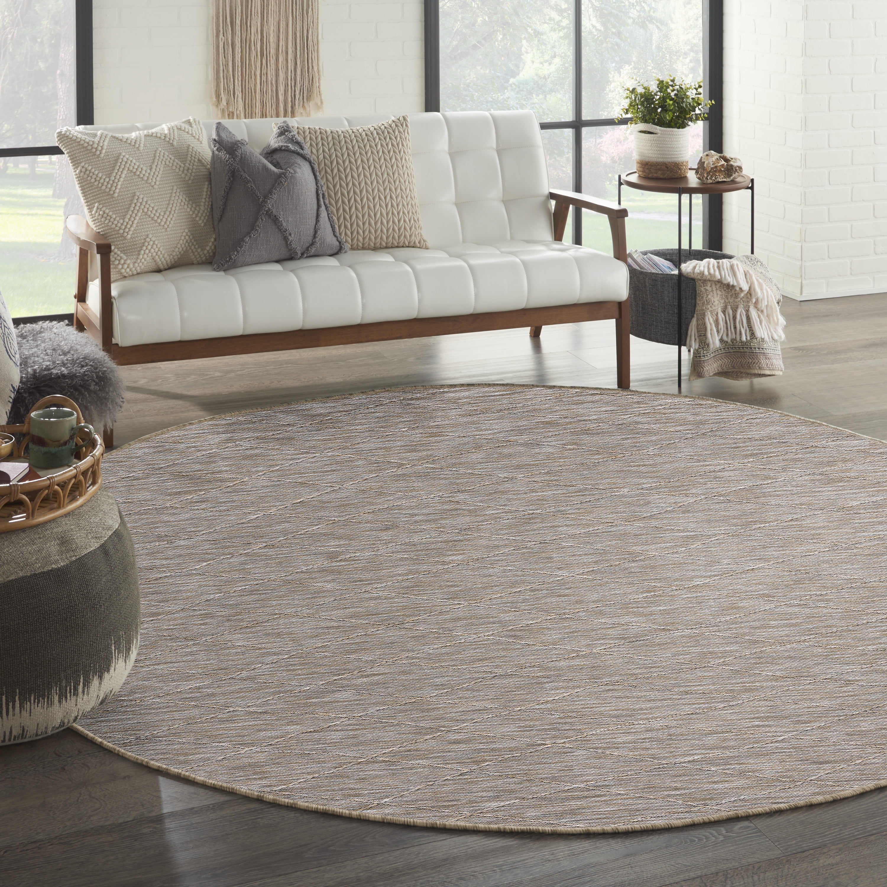 Grey Mocha Round Geometric Synthetic Washable Area Rug
