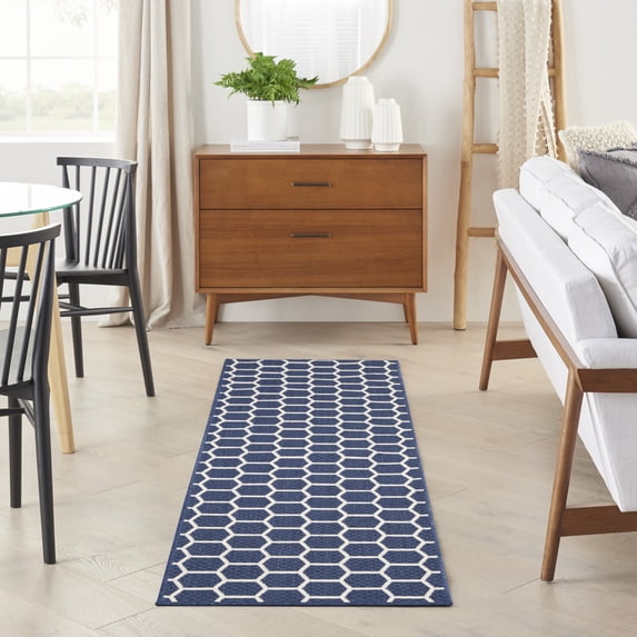 Nourison Reversible Indoor Outdoor 2'2" x 8' Navy Modern Rug