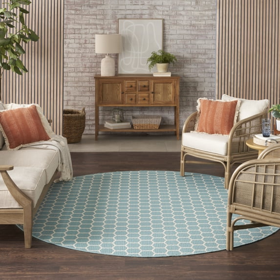 Nourison Reversible Indoor Outdoor 8' x Round Aqua Modern Rug