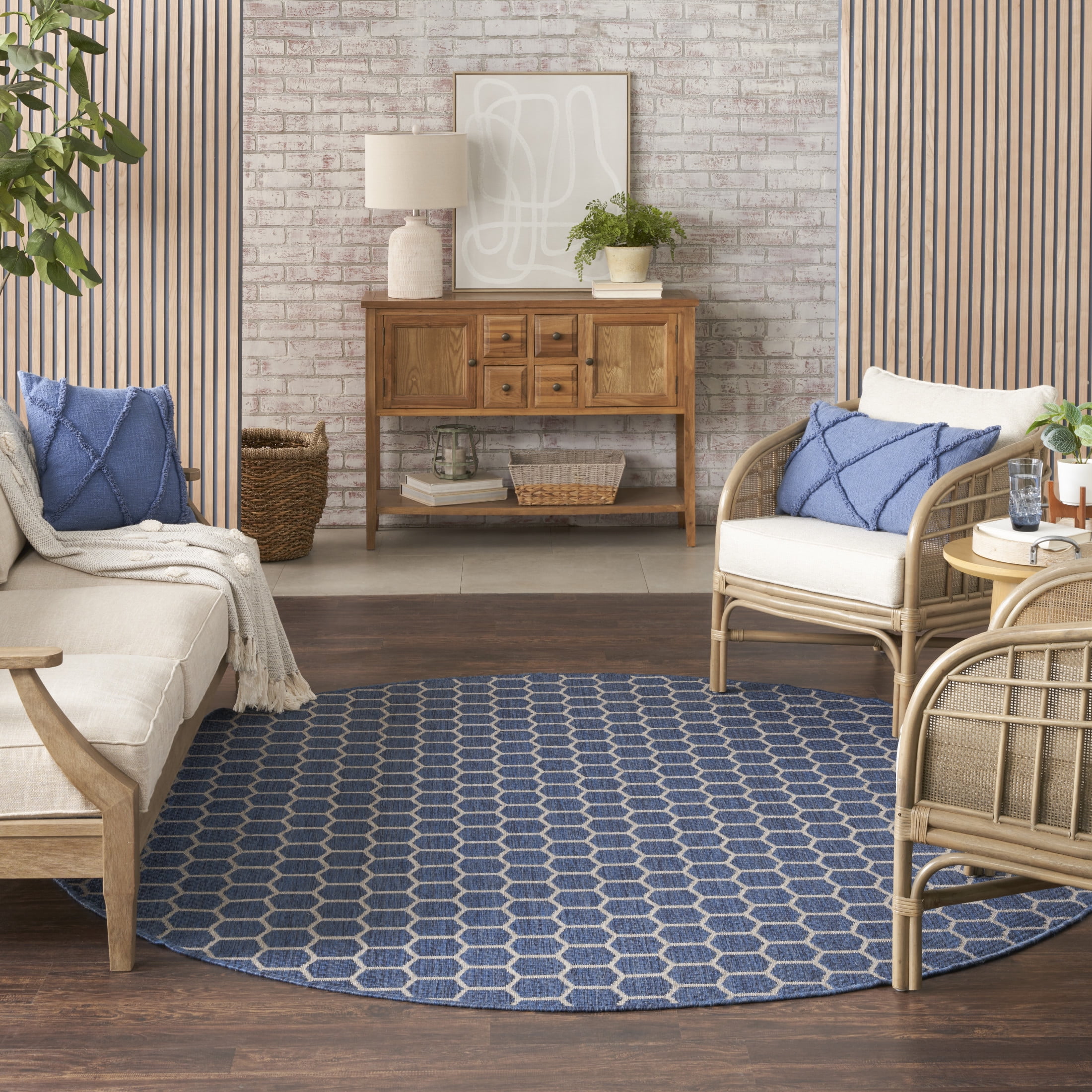 Nourison Reversible Indoor Outdoor 8' x Round Blue Modern Rug - Walmart.com