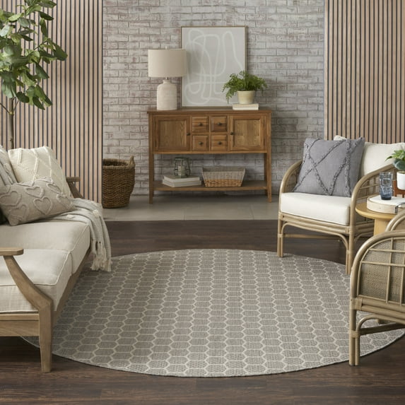 Nourison Reversible Indoor Outdoor 8' x Round Grey Modern Rug