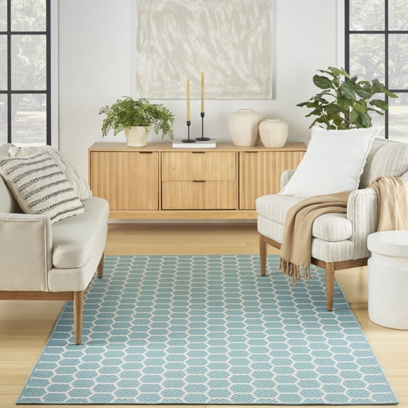 Nourison Reversible Indoor Outdoor Geometric Aqua 5' x 7'Area Rug (5x7)