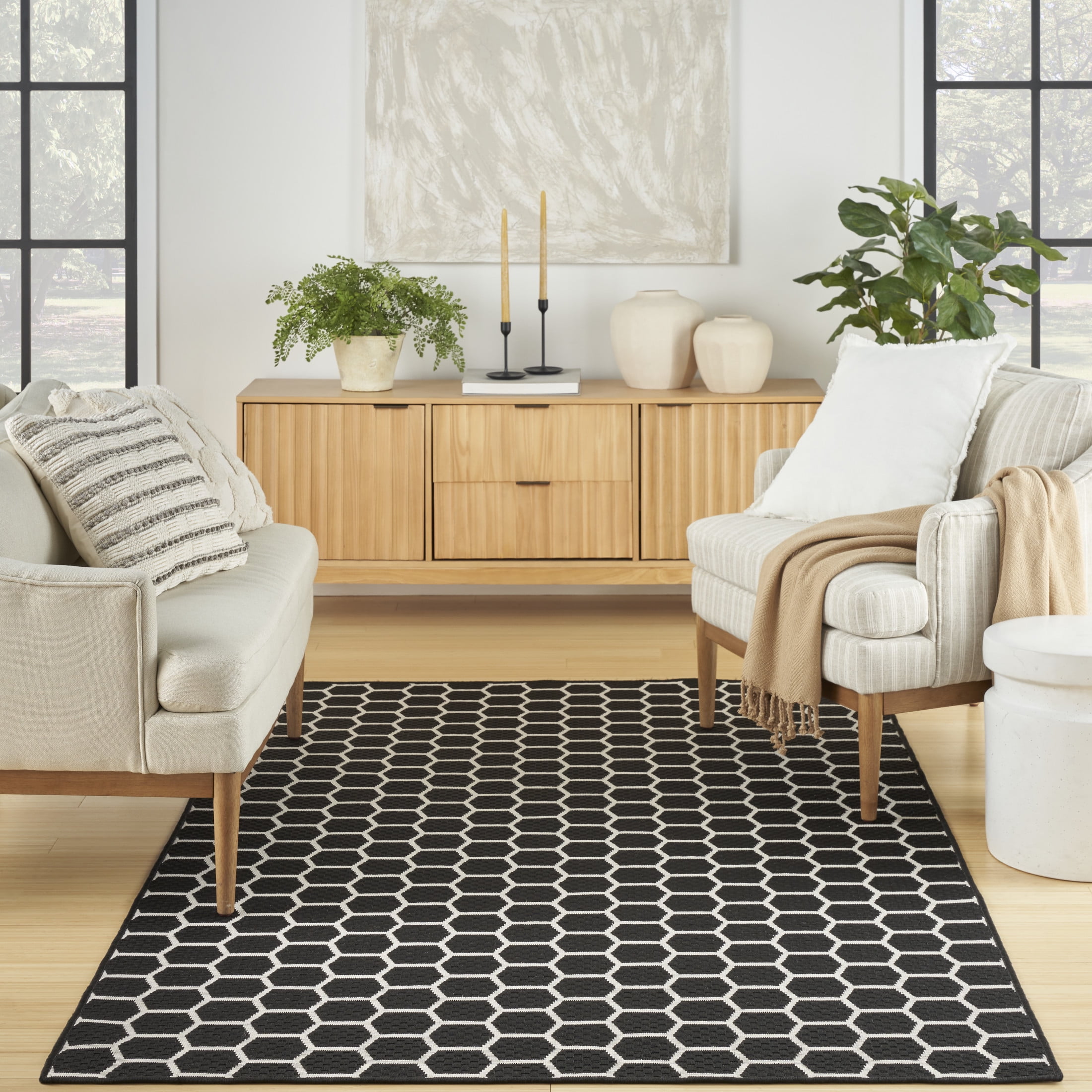 Nourison Reversible Indoor Outdoor Geometric Black 6' x 9'Area Rug (6x9)