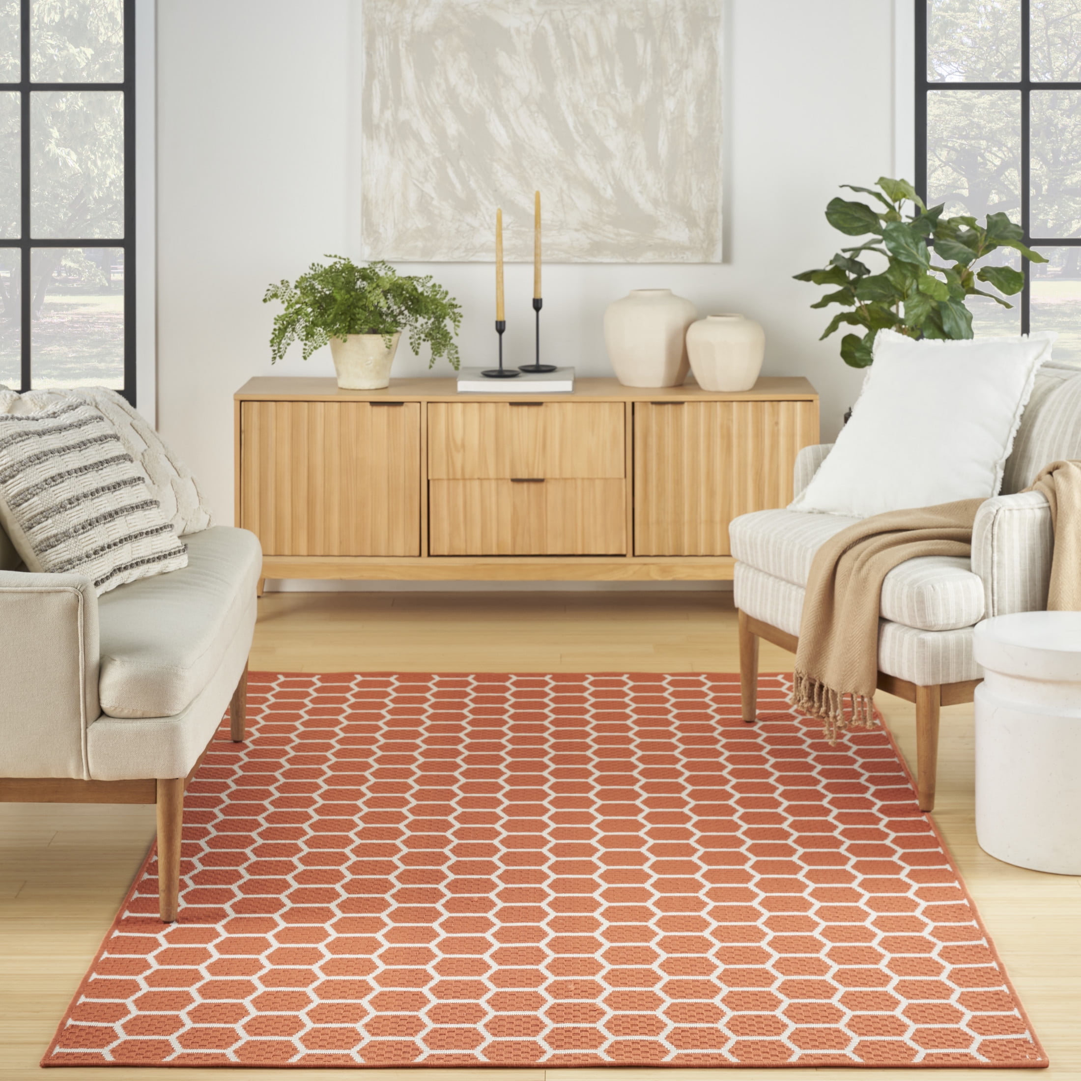 Nourison Reversible Indoor Outdoor Geometric Coral 4' x 6'Area Rug (4x6)