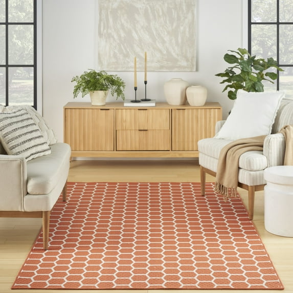 Nourison Reversible Indoor Outdoor Geometric Coral 5' x 7'Area Rug (5x7)