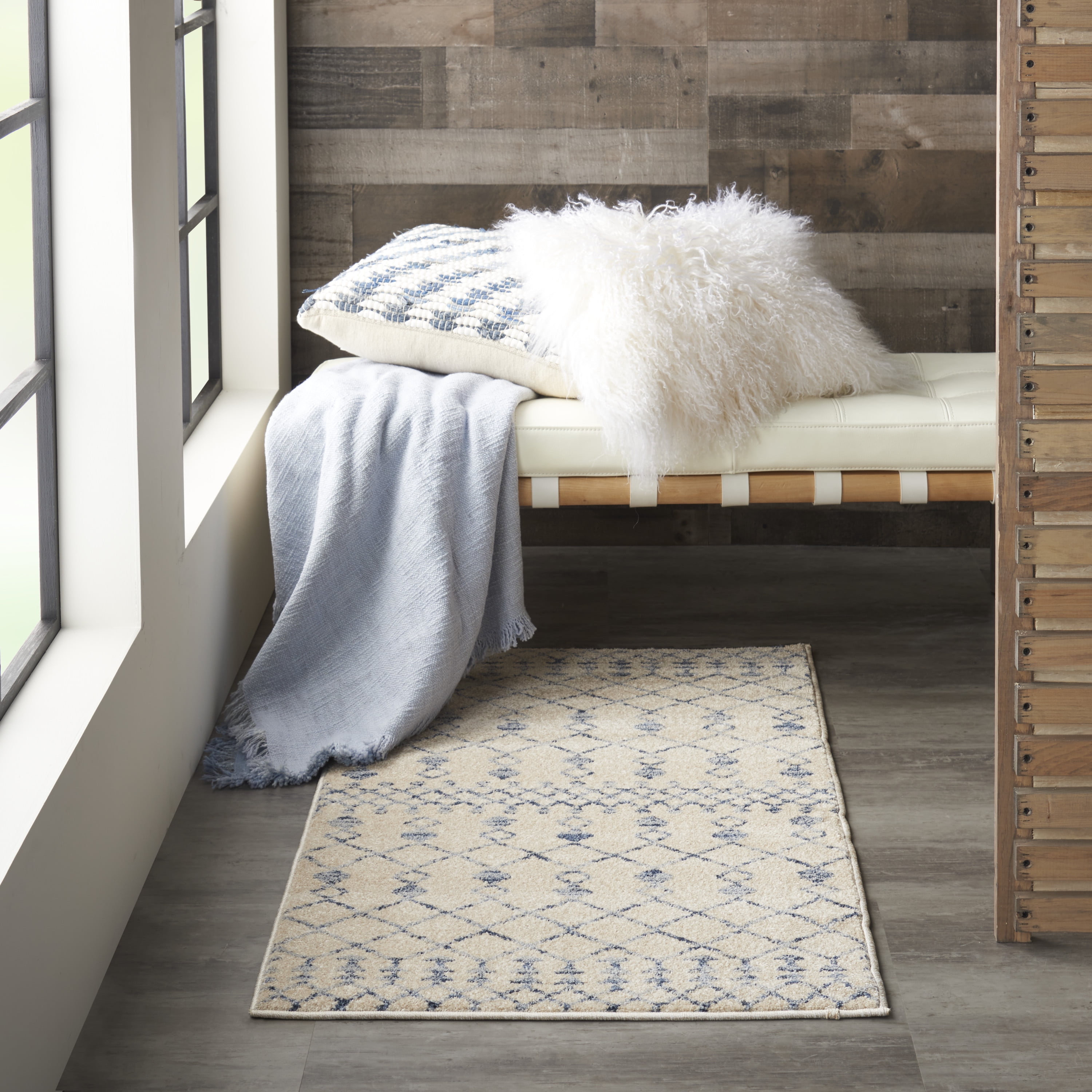 Beige Blue Geometric Synthetic Rectangular Area Rug 2'2" x 3'9"