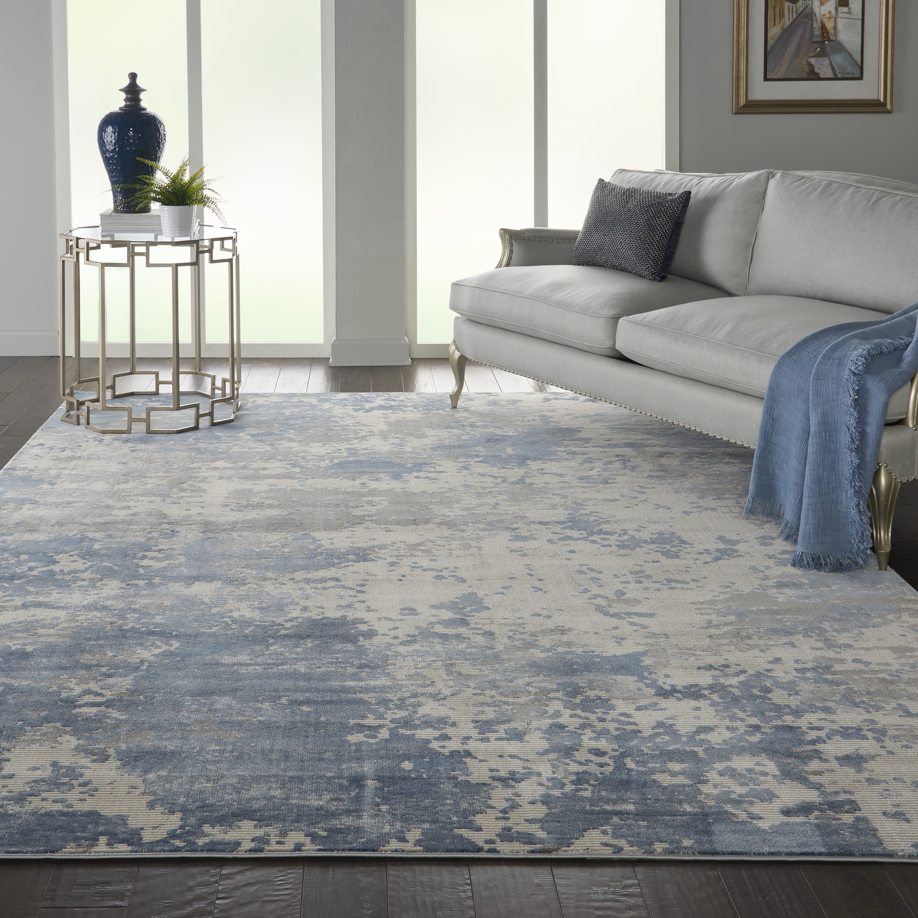 Modern Artistic Abstract Blue 9'3" x 12'9" Synthetic Area Rug