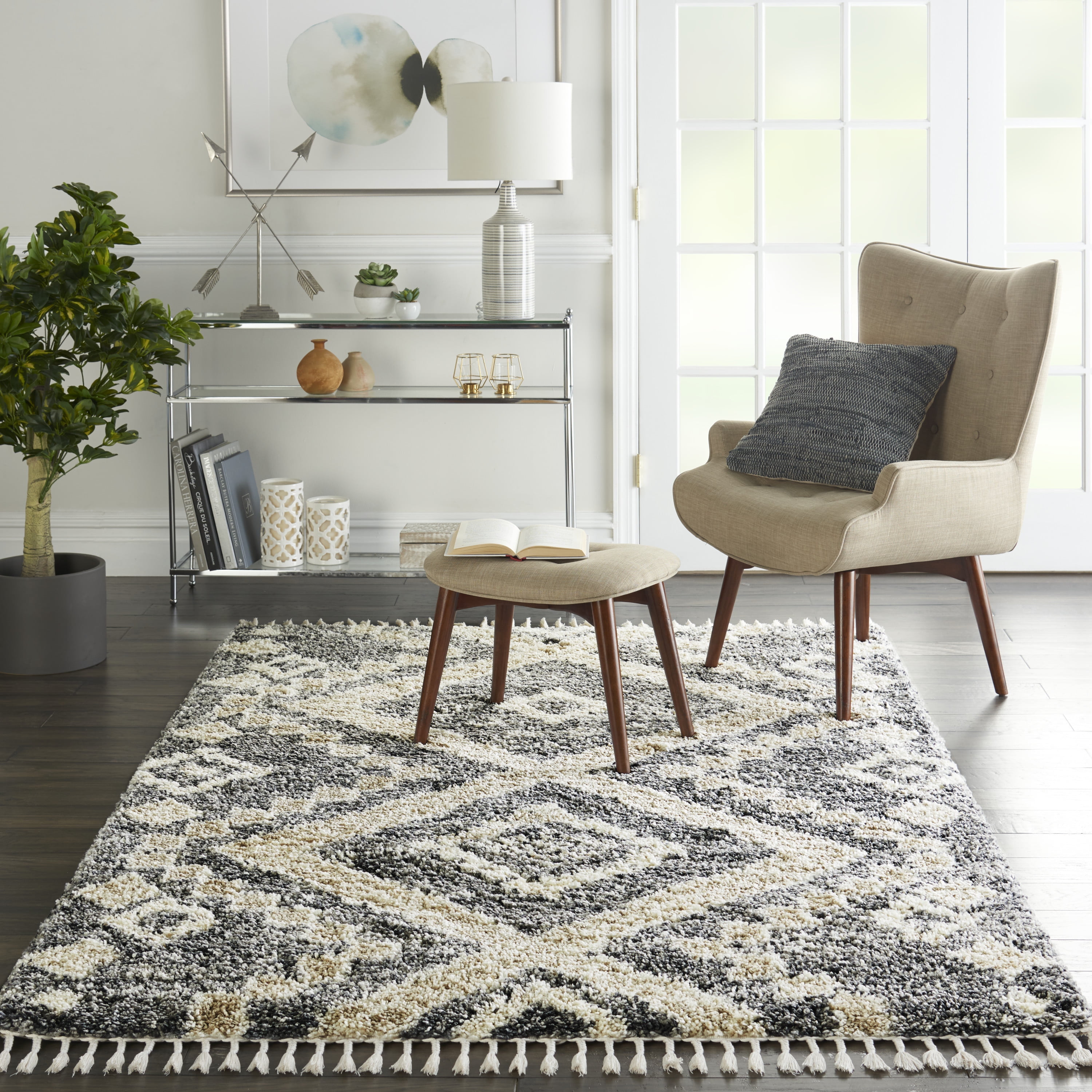 Nourison Scandinavian Shag Contemporary Grey/Ivory 4' x 6' Area Rug