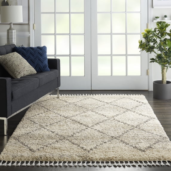 Nourison Scandinavian Shag Contemporary Ivory/Grey 5'3" x 7'9" Area Rug, (5x8)